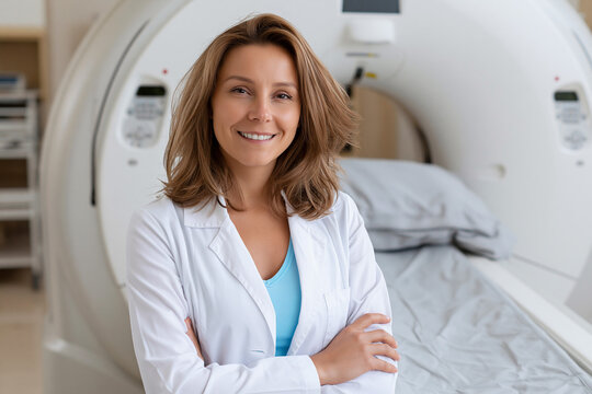 Smiling doctor standing near a CT scan machine