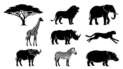 Obraz premium Wild African Animals Silhouette Collection Set Featuring Lion Elephant Giraffe Rhinoceros Buffalo Zebra and Hippopotamus