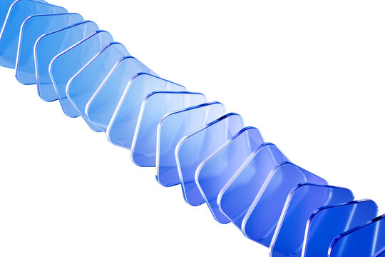 Diagonal line of blue glass panel block shapes. Growth charts, timeline concepts, or continuous technology process. 3d rendering