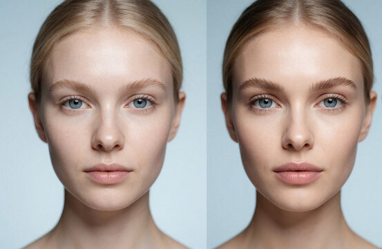 Split screen compares young woman face before and after cosmetic enhancement. Natural skin tone is transformed with subtle makeup application, highlighting facial features.