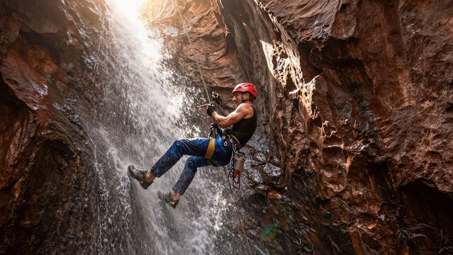 A man descends a narrow slot canyon by rappelling down a cascading waterfall, surrounded by wet rock walls and golden sunlight.