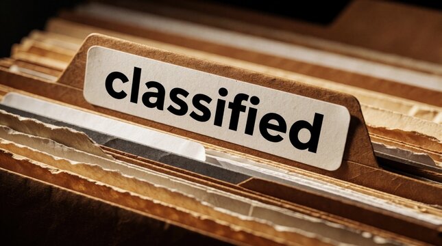 Filing cabinet filled with old manila folders. One tab reads classified, implying secrets or sensitive data within. Organized documents suggest information control.