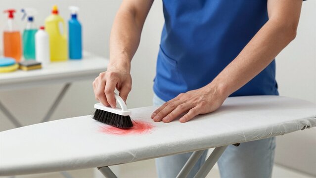 A person uses a brush to scrub away a red stain on an ironing board while cleaning supplies are visible in the background.