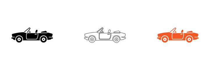 Fototapeta premium Three stylized vintage convertible cars in black white and orange isolated on transparent background, Vector