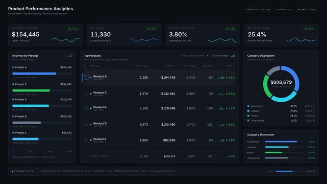 Engaging dark-mode analytics dashboard showcasing e-commerce product performance with ranked products, KPIs, and dynamic charts for retail business insights.