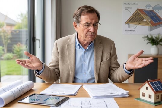 Man feeling puzzled comparing home renovation documents, insurance papers, and a house model with solar panels