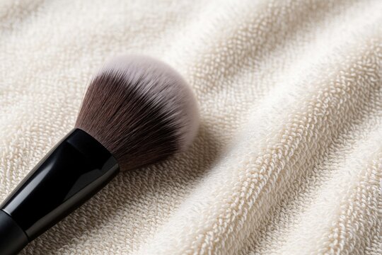 Fluffy makeup brush with black handle rests on soft textured fabric. Pro cosmetic applicator for foundation or powder. Gentle tool for beauty application.