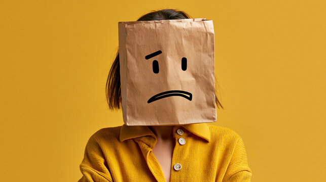 Person wearing a sad paper bag mask with a hand-drawn frowning face expression depressed emotions psychology background expression isolation suffering identity