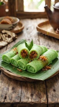 Traditional Indonesian Dadar Gulung with Sweet Coconut and Palm Sugar Filling