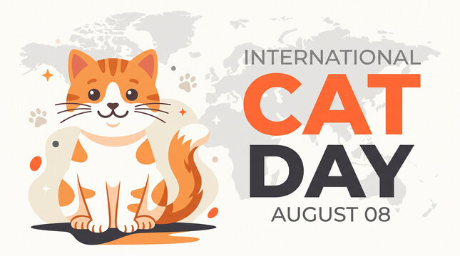 International Cat Day illustration with orange and white happy cat world map background paw prints August 08 celebrating global awareness and appreciation for felines    generative ai