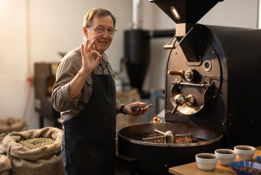 Senior man roasting coffee beans and making an okay sign in a roastery
