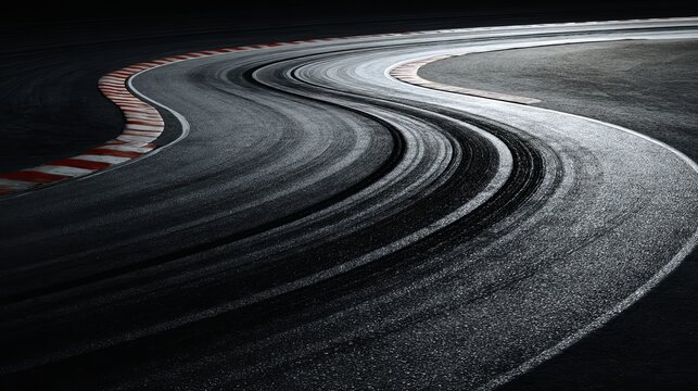 Sweeping black asphalt racetrack curve featuring intense tire marks and vivid red white painted concrete curbing under dramatic overhead lighting