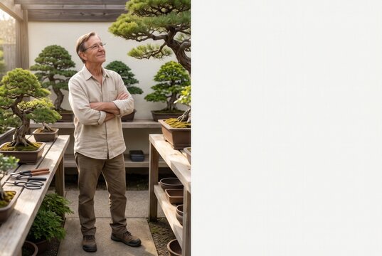 Mature man standing in a bonsai garden, looking up at miniature trees with white copy space