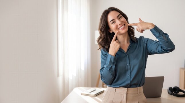 Woman smiling and pointing her white healthy teeth, representing oral hygiene and dental care