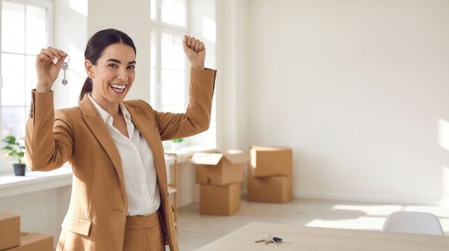 Cheerful woman celebrating property purchase, ready for living in an empty room with boxes