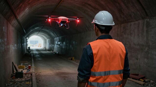 A technician in safety gear monitors a hovering drone conducting inspection inside a dimly lit concrete tunnel.