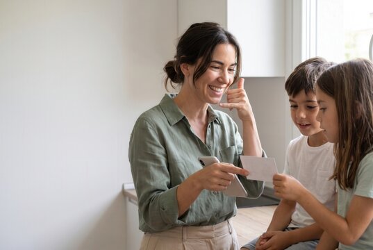 Happy mother calling while showing children a photo on her smartphone