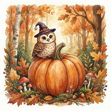 Cute autumn owl in witch hat sitting on large pumpkin surrounded by fall foliage and mushrooms