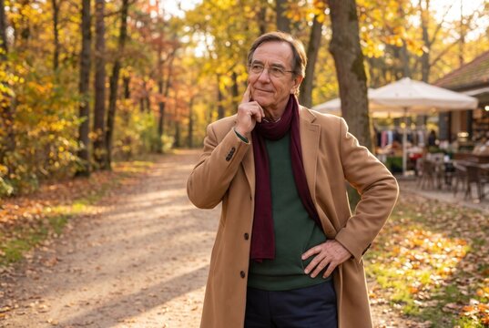 Senior man thinking while standing on a path in a colorful autumn park