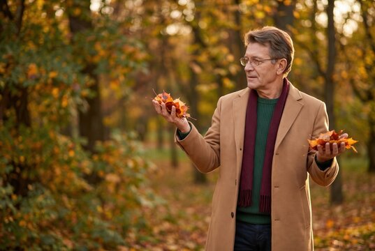 Senior man holding vibrant autumn leaves outside in a park during fall