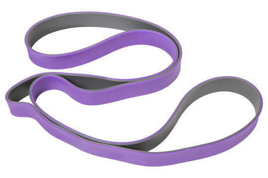 Purple and grey resistance training band loop for workout isolated on white background. Elastic fitness elastic pull band in figure eight shape