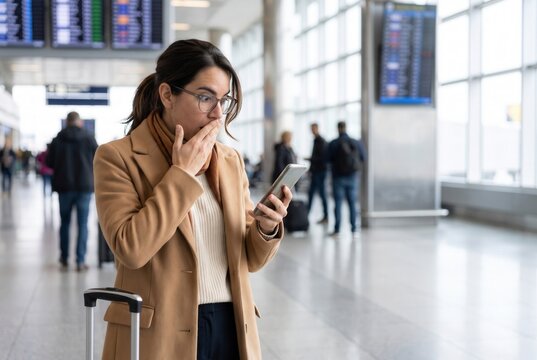Woman looking shocked while reading information on her mobile phone at the airport terminal