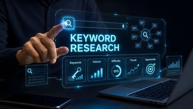 Digital marketing concept with hand touching keyword research screen display