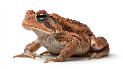 Naklejka premium Vibrant orange textured toad sitting patiently while showing detailed bumpy skin patterns under soft studio lighting on white isolated surface
