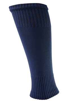 Dark blue footless football sock isolated on white background. Single soccer calf sleeve for shin guard support close up