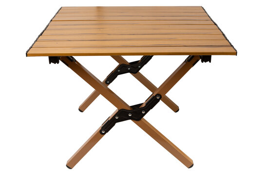 Folding camping table with wood grain aluminum roll up top isolated on white background. Portable outdoor picnic table with cross legs front view