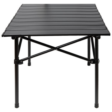 Black folding camping table with aluminum roll up slat top isolated on white background. Portable outdoor picnic table front view studio shot