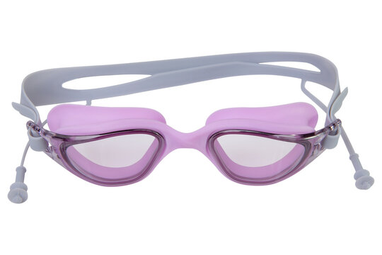 Pink swimming goggles with attached earplugs isolated on white background. Silicone swim eyewear for pool and beach front view