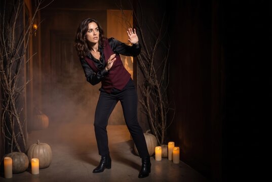 Woman reacting with fear in a dark, mysterious room decorated for halloween