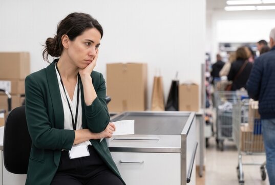 Woman experiencing stress and tiredness while working at a supermarket checkout counter