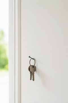 Metal house keys hanging on a nail in a white wall. Home security, property ownership and real estate concept