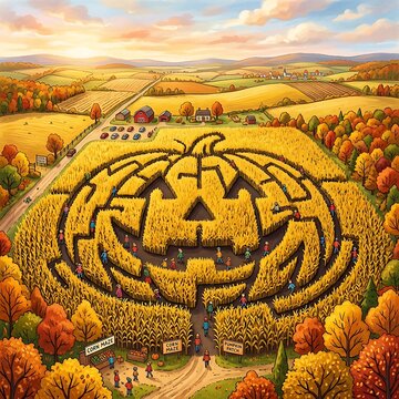Aerial view of large Halloween pumpkin corn maze with families exploring autumn harvest festival