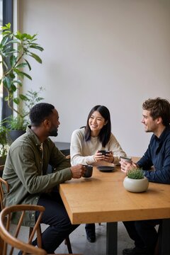 Diverse group of friends chatting over coffee at a wooden table. Three people smiling and talking while holding mugs in a bright cafe