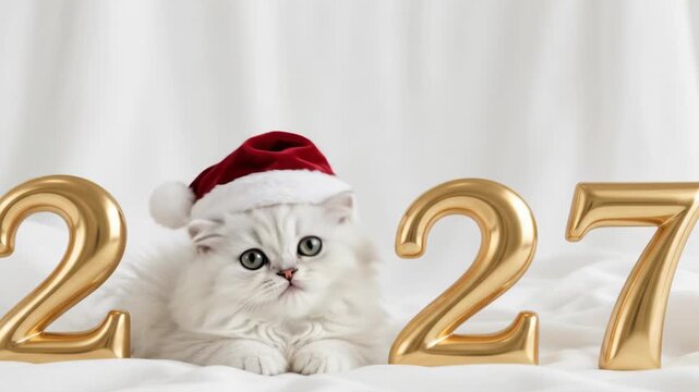 fluffy white kitten in santa hat opens eyes and looks at camera between golden 2027 numbers on white satin bedding