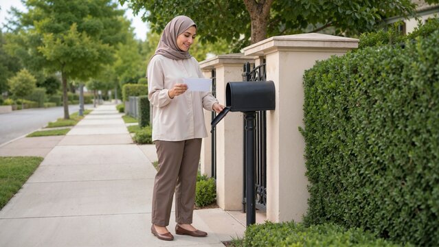 Smiling woman in a hijab opening a black mailbox. Muslim female resident holding a white envelope on a suburban sidewalk