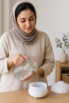Woman wearing a hijab pouring water into an essential oil diffuser. Smiling female filling a humidifier with a glass pitcher at a wooden table. Home aromatherapy and wellness routine concept