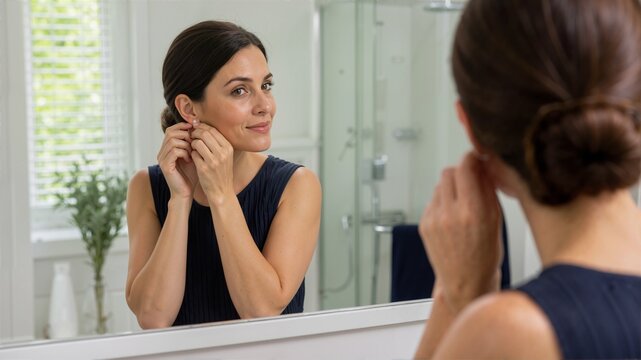 Woman putting on earrings while looking in a bathroom mirror. Smiling female getting ready for an event at home. Daily grooming and personal styling routine