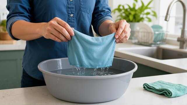 Woman rinsing a blue microfiber cleaning cloth in a basin of water. Hands holding a wet rag over a grey bowl in a kitchen. Housework and domestic cleaning routine concept