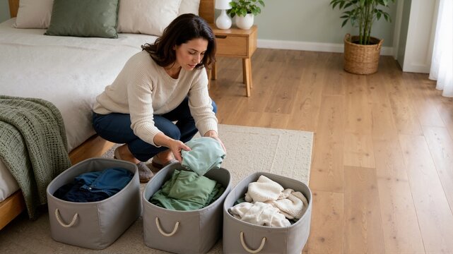 Woman sorting folded clothes into fabric storage bins in a bedroom. Female organizing laundry and decluttering a wardrobe at home. Domestic housekeeping and space management concept