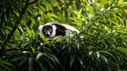 Fototapeta premium Black, white lemur rests on tree branch amidst green foliage. Primate with bright amber eyes looks forward in tropical jungle canopy. Wild animal sits among dense vegetation in natural forest habitat.
