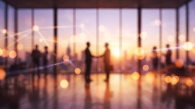 Blurred business people shaking hands in modern office with abstract digital network bokeh background representing global corporate connectivity and technological innovation in business