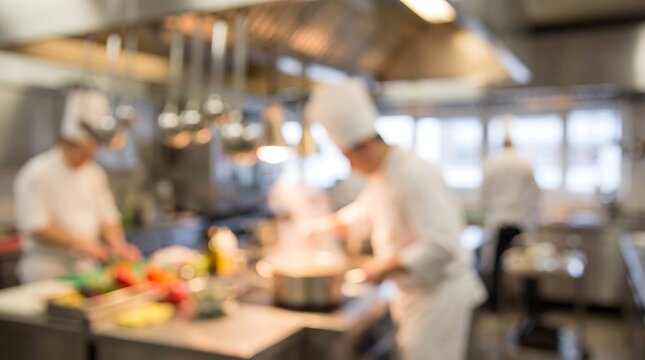Professional chefs working in commercial kitchen with blurred background focusing on culinary team preparation and food industry work environment in restaurant kitchen setting at lunch time