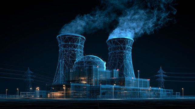 Nuclear power plant cooling towers at night with steam emissions and industrial lighting industry electricity infrastructure industrial environmental pollution