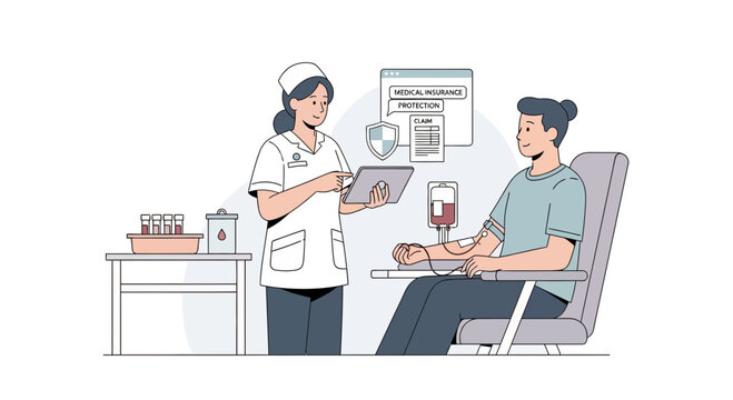 Nurse assisting patient during blood donation on transparent background