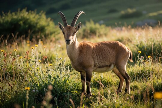 Nubian ibex stands in a sunny meadow with wildflowers. This wild goat has large curved horns and stands looking towards the camera. Gentle breeze rustles grass and plants.
