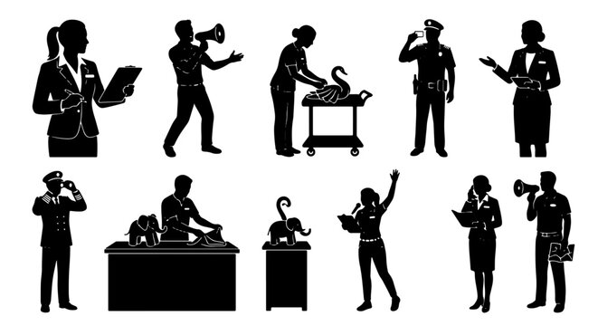 Diverse Professional Silhouettes Collection, 10 Figures, Business People, Public Relations, Security, Service Staff, Vector Icons for Presentations and Concepts
